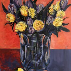 #0121 gelbe rosen mit tulpen in einer vase / yellow roses with tulips in a vase