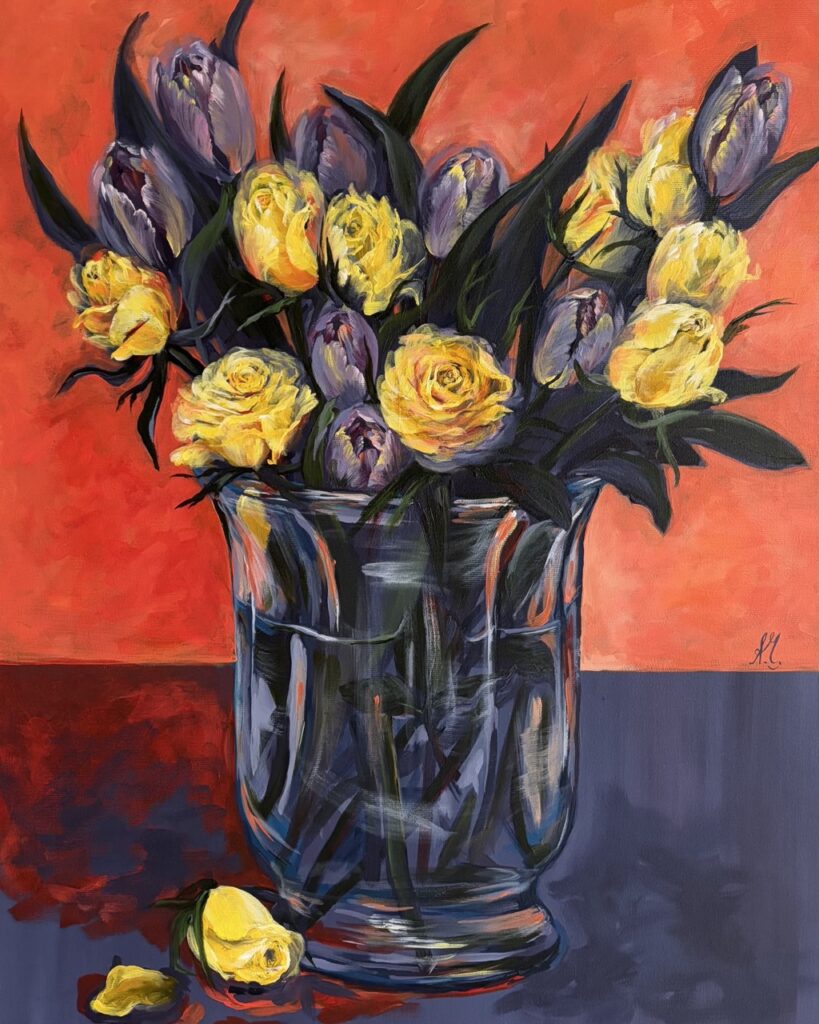 #0121 yellow roses with tulips in a vase
