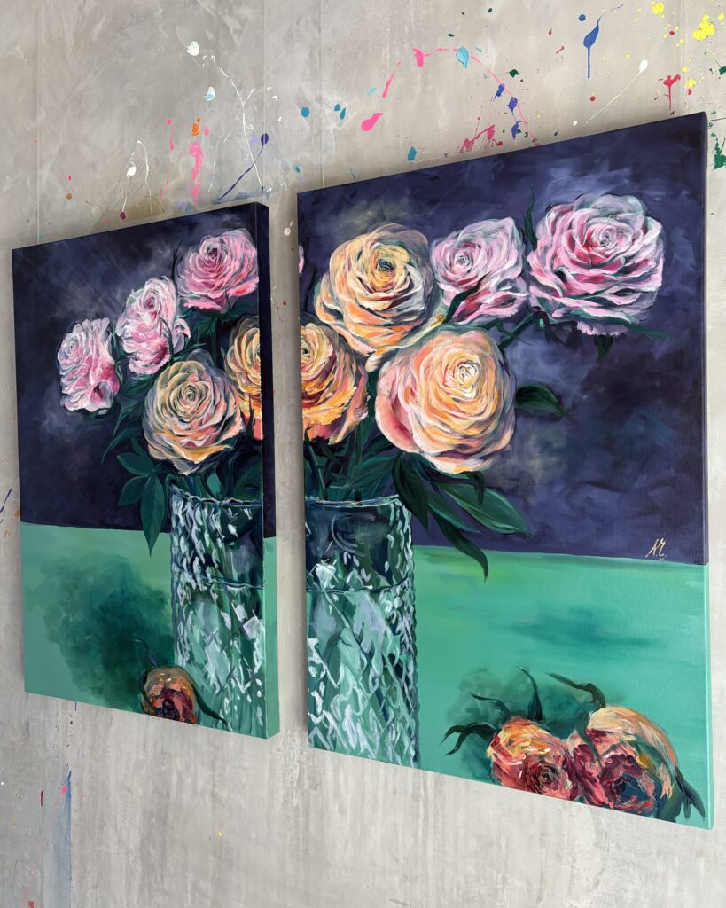 #0122 delicate roses on two canvases