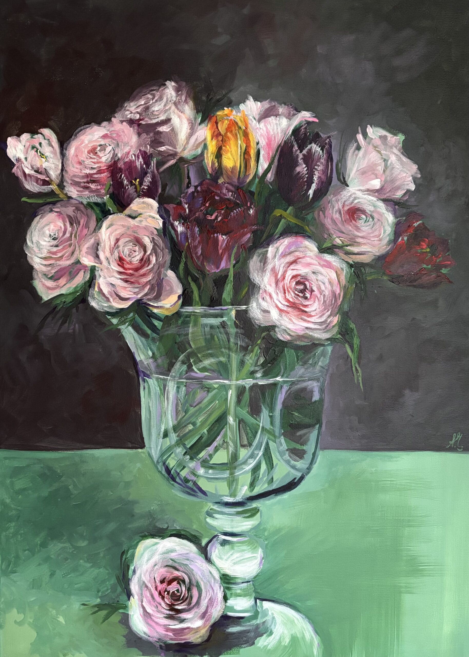 #0120 delicate roses with tulips in a vase